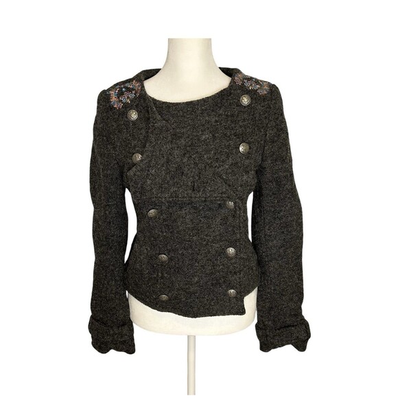 Free People Wool Blend Gray 4 Bohemian Embroidered Pleated Button Jacket Blazer - Picture 2 of 13